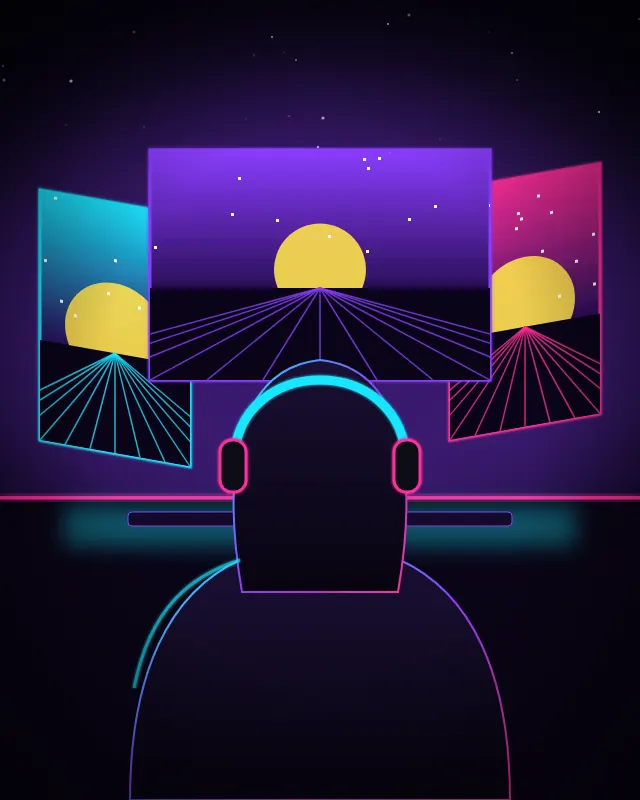 Illustration of a hooded gamer with headset facing three neon monitors
